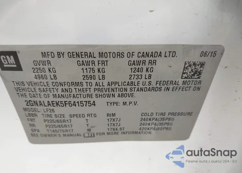 2015 Chevrolet Equinox Ls z USA, uszkodzony, nr VIN 2GNALAEK5F6415754